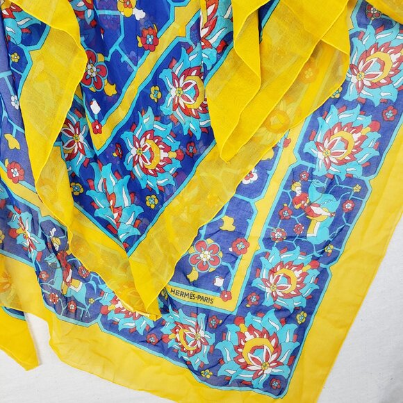 HERMES Shawl Scarf Pareo 100% Cotton Lightweight Blue Yellow Red Persian Motif - Picture 12 of 14